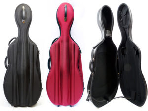 Etui violoncelle entier type "Cocoon". Etui en tissu thermoformé, intérieur en velours, 2 fixations pour archets. Disponible en noir, rouge ou bleu marine selon stock.